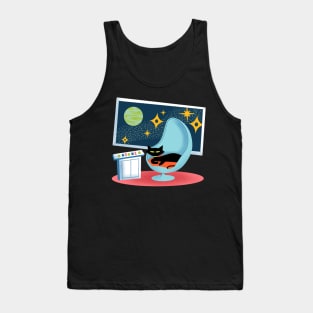 Funny Mid-Century Modern Atomic Cat in Space on Captain's Chair Tank Top